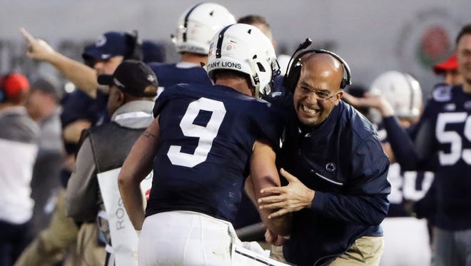Penn State quarterback Trace McSorley celebrates after a touchdown with head coach James Franklin against Southern California during the second half of the Rose Bowl in 2017. Franklin begins his fourth season as PSU's head coach on Saturday against Akron.