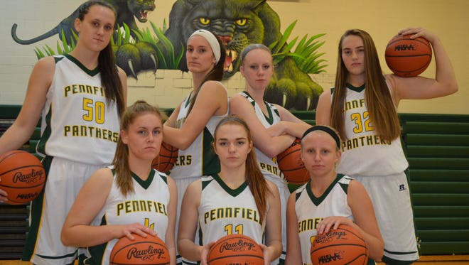 The 2017-18 Pennfield girls basketball team features returners, front row, from left, Chelsea Reichel, Melanie McIntyre, Naomi Davis. Back row, Rachel Swartz, Brianna Abercrombie, Claire LeRoux, Alicia Lake.
