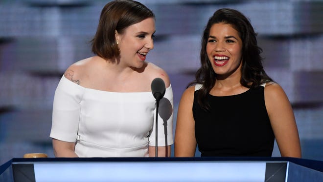 Lena Dunham and America Fererra speak during the 2016 Democratic National Convention.