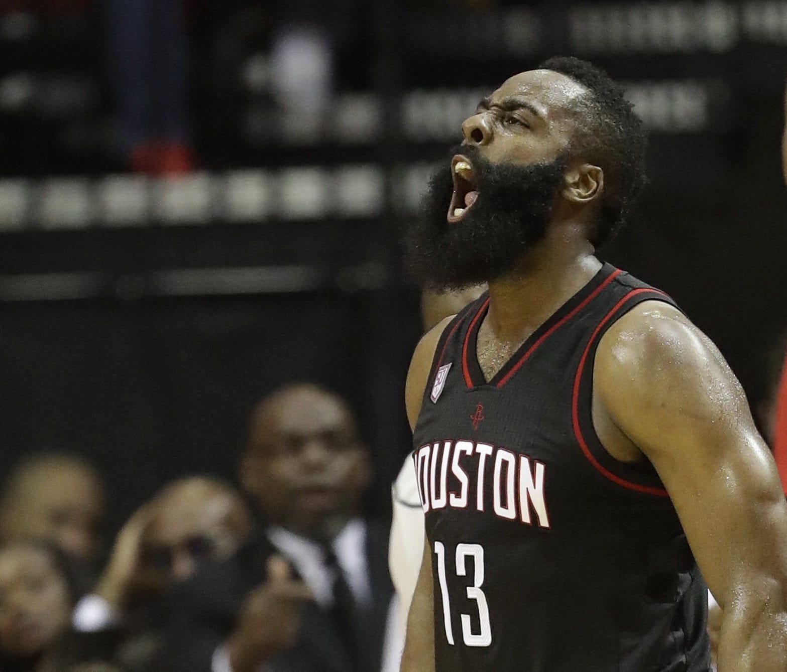 Houston Rockets' James Harden yells after a Oklahoma City Thunder turnover during the second half in Game 1 of an NBA basketball first-round playoff series, Sunday, April 16, 2017, in Houston.