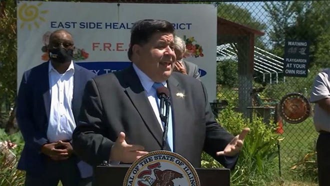 Illinois Gov. JB Pritzker speaks during a news conference on Aug. 17 in East St. Louis about increased restrictions the state has placed on the Metro East region because of COVID-19 statistics there. After nearly two months, the region is having those restrictions lifted.