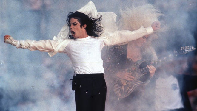 This Feb. 1, 1993 file photo shows Pop superstar Michael Jackson performing during the halftime show at the Super Bowl in Pasadena, Calif.