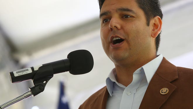 Rep. Raul Ruiz speaks during the ceremony celebrating three new national monuments at the California Desert National Monuments celebration at the Whitewater Preserve, May 5, 2016. 