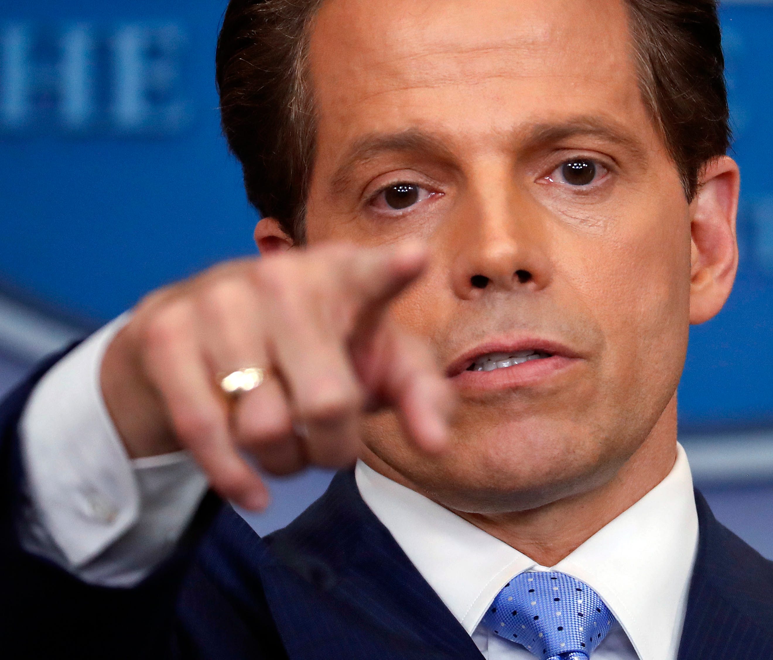 In this July 21, 2017 photo, incoming White House communications director Anthony Scaramucci points as he answers questions from members of the media during the press briefing in the Brady Press Briefing room of the White House in Washington.