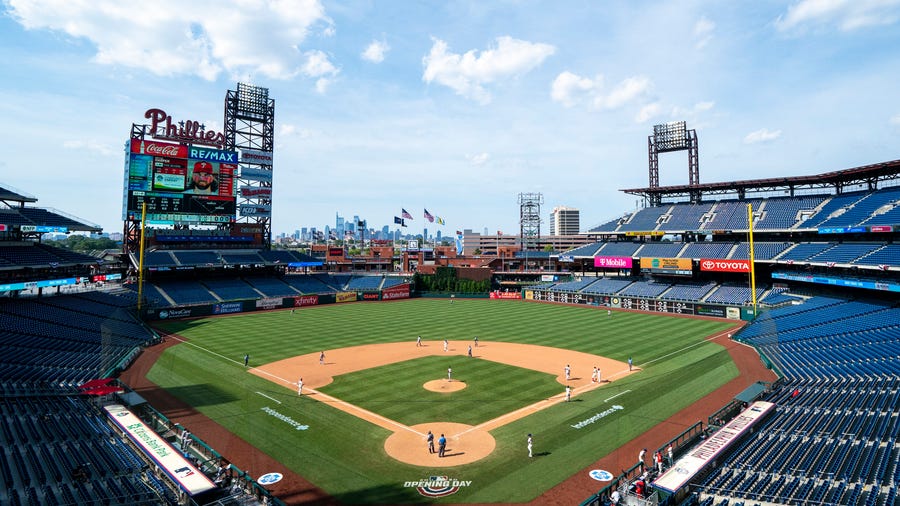 General View of Citizens Bank Park during the eighth inning of a baseball game between the Miami Marlins and the Philadelphia Phillies, Sunday, July 26, 2020, in Philadelphia. The Marlins won 11-6. (AP Photo/Chris Szagola) ORG XMIT: OTKCS142