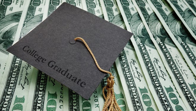 College graduate cap on assorted hundred dollar bills