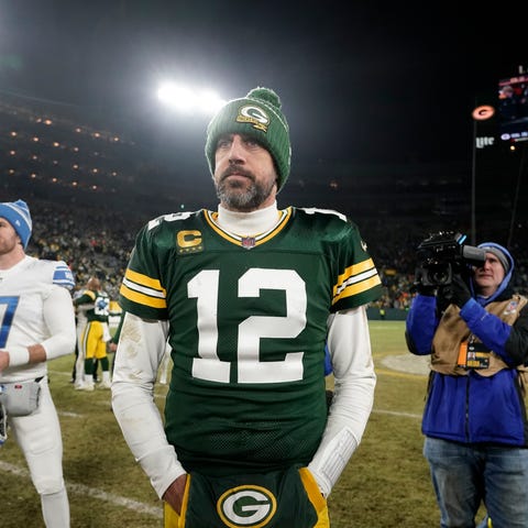 Green Bay Packers quarterback Aaron Rodgers stands