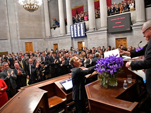 Governor Bill Haslam gives a copy of his speech to