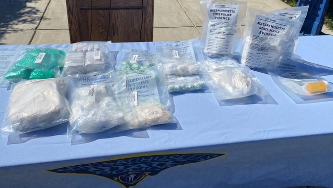 At a new conference on Monday at state police headquarters in Framingham, Massachusetts State Police display evidence seized last week when they say they dismantled two fentanyl drug trafficking organizations.