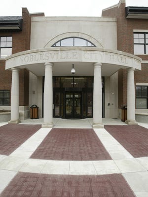 
Photo shows the west exterior entrance at Noblesville City Hall.
