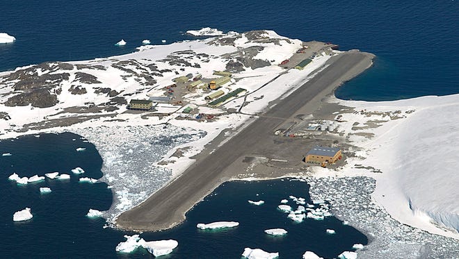 In this photo provided by the Courtesy British Antarctic Survey, Rothera, the British Antarctic Survey station is seen from the air. A daring South Pole medical rescue is underway. An airplane left a British base in Antarctica Tuesday, June 21, 2016, for the 1,500-mile trip to evacuate a sick person from the U.S. station. Athena Dinar, spokeswoman for the British Antarctic Survey, said one of two twin otter planes began the trip Tuesday, while the other is still at the Rothera station on the Antarctic Peninsula just in case. (British Antarctic Survey via AP)