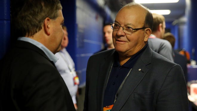 Scotty Bowman, senior adviser of the Chicago Blackhawks, looks on prior to Game 2 of the 2015 Stanley Cup finals against the Tampa Bay Lightning.