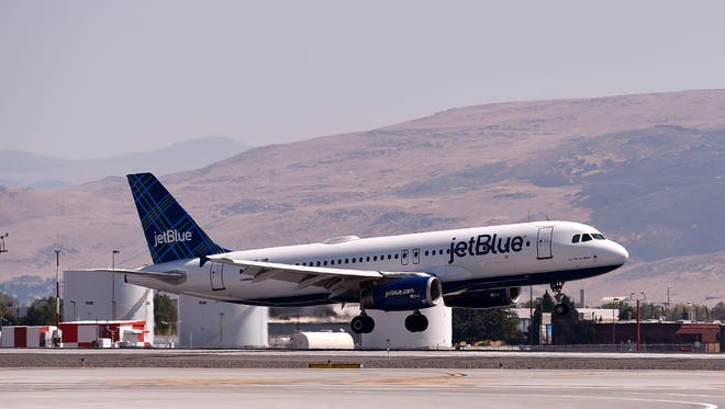 The First Jet Blue flight from Long Beach arrives at the Reno Tahoe International Airport on Monday August 15, 2016.