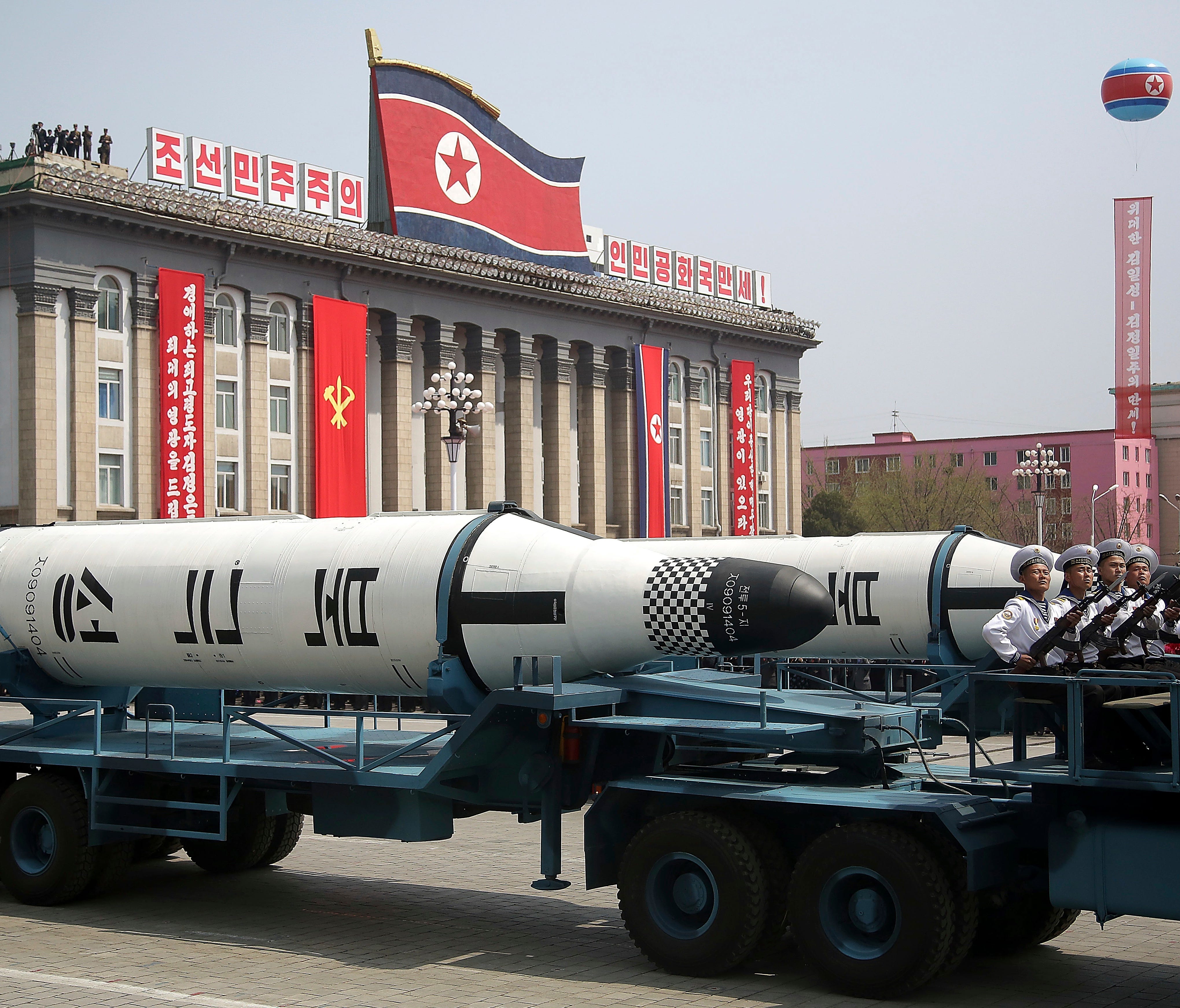 In this Saturday, April 15, 2017, file photo, a submarine-launched ballistic missile is displayed in Kim Il Sung Square during a military parade in Pyongyang, North Korea, to celebrate the 105th birth anniversary of Kim Il Sung, the country's late fo