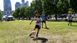 Nicholas Dunaway, of Columbus, Ohio, plays soccer before