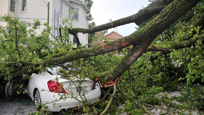 A tree fell on a car in Belmont Church's lot at the corner of 16th Ave. South and Grand Avenue as a storm passed through Tuesday afternoon in Nashville, Tenn. July 14, 2015. 