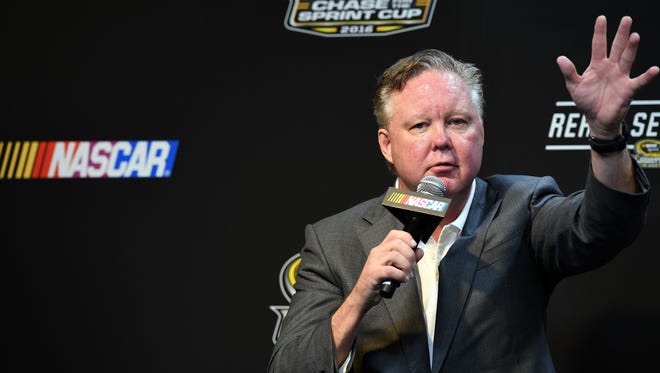 NASCAR chairman and ceo Brian France speaks to the press before the Ford Ecoboost 400 at Homestead-Miami Speedway, Nov. 20, 2016.