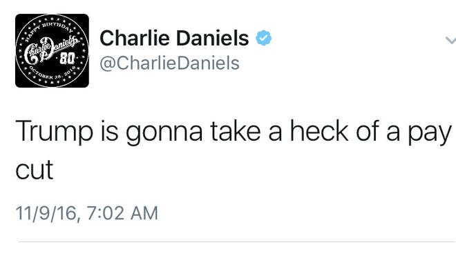 Charlie Daniels was among the Nashville music makers reacting to Donald Trump's win on Wednesday.