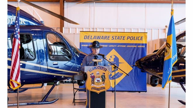 
Sgt. Paul G. Shavack – Delaware State Police public information director and former head of its Aviation Unit – addresses advantages of the force’s two new state-of-the-art helicopters at their unveiling in Dover.
