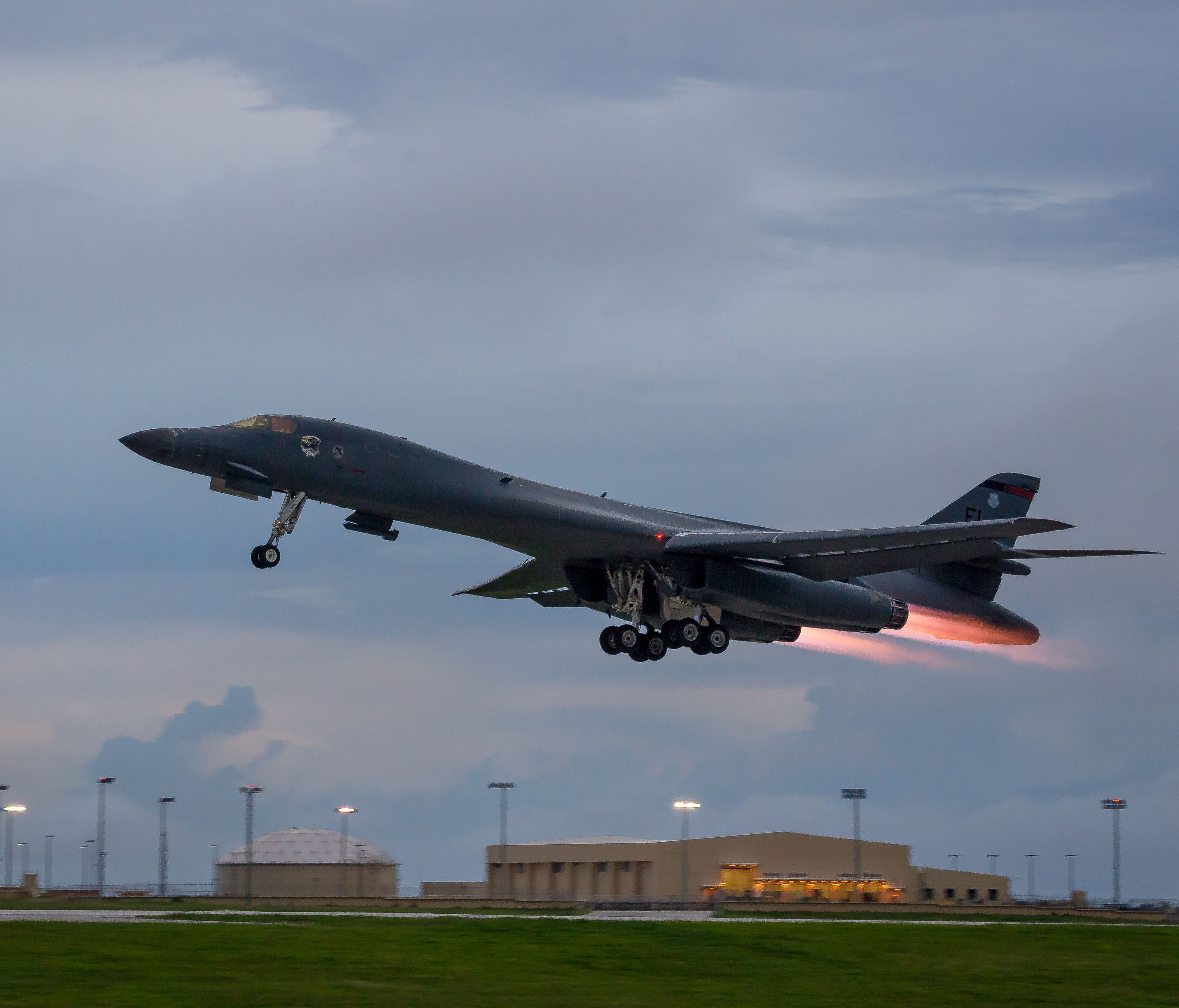 In this U.S. Air Force image obtained from the Defense Department, a U.S. B-1B Lancer takes off from Andersen Air Force Base in Guam.