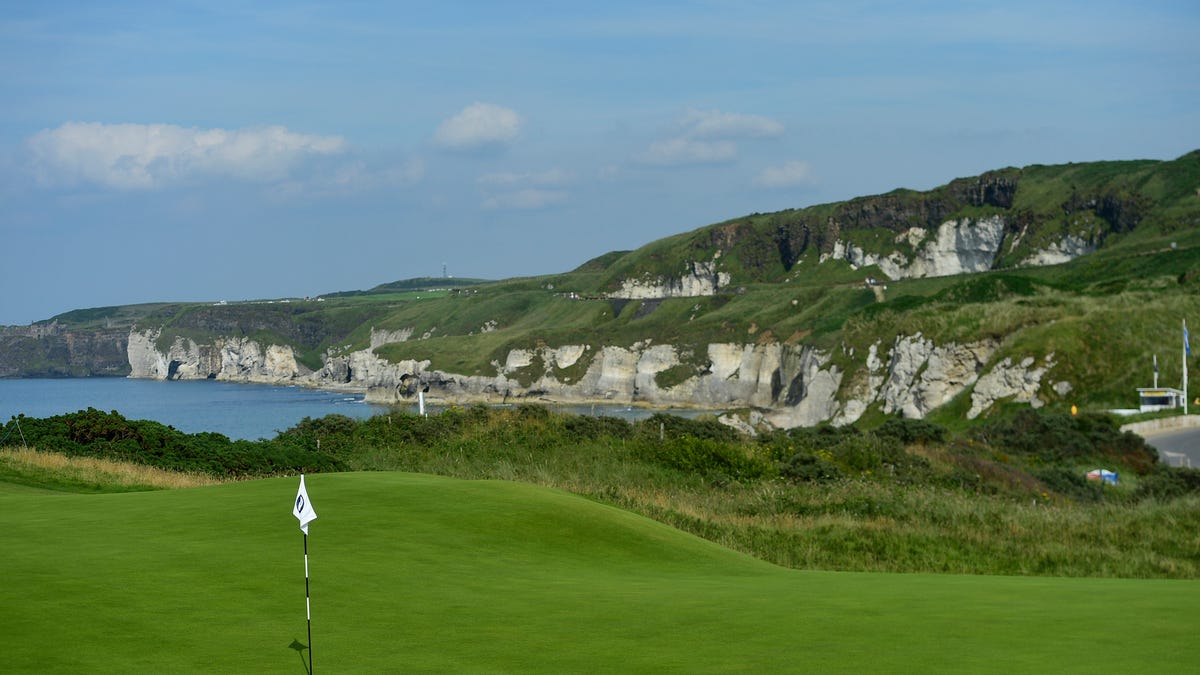 Jul 15, 2019; Portrush, County Antrin, IRL; An overall view of the 5th green  during a practice round of The Open Championship golf tournament at Royal Portrush Golf Club - Dunluce Course. Mandatory Credit: Thomas J. Russo-USA TODAY Sports