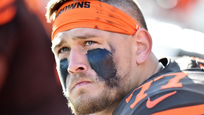 Oct 13, 2019; Cleveland, OH, USA; Cleveland Browns offensive guard Wyatt Teller (77) watches from the bench during the fourth quarter against the Seattle Seahawks at FirstEnergy Stadium. Mandatory Credit: Ken Blaze-USA TODAY Sports