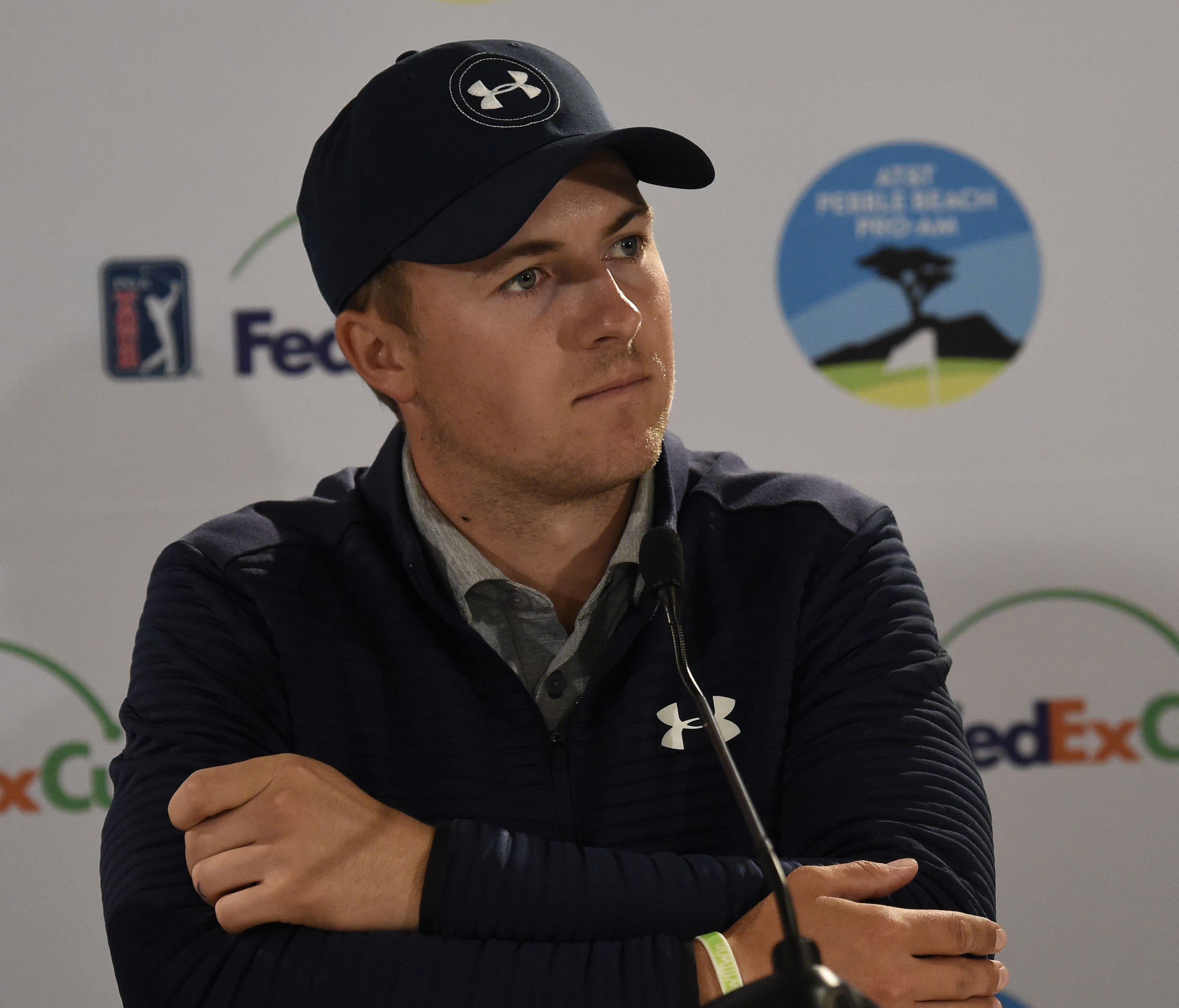 Jordan Spieth talks during a pre-tournament press conference for the AT&T Pebble Beach Pro-Am at Pebble Beach Golf Links on Feb. 8.