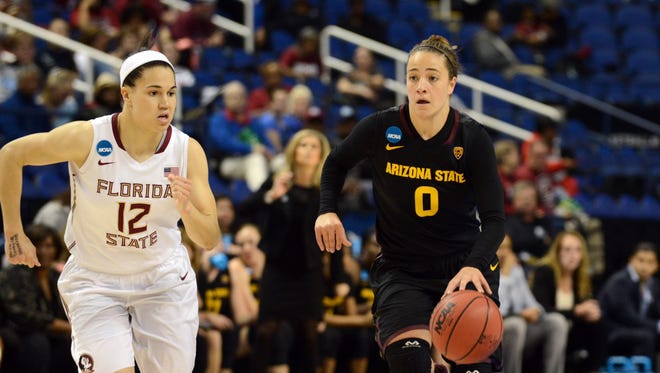 Mar 27, 2015: Arizona State Sun Devils guard Katie Hempen (0) dribbles up court as Florida State Seminoles guard Brittany Brown (12) defends during the first half in the semifinals of the Greensboro regional in the women's 2015 NCAA Tournament at Greenboro Coliseum Complex.