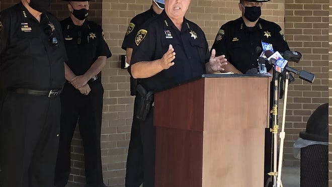 Wayne County Sheriff Sheriff Barry Virts speaks during a press conference Wednesday outside the Ontario County Safety Training Facility in Hopewell. Virts and other area sheriffs presented a set of legislative proposals aimed at protecting police.
