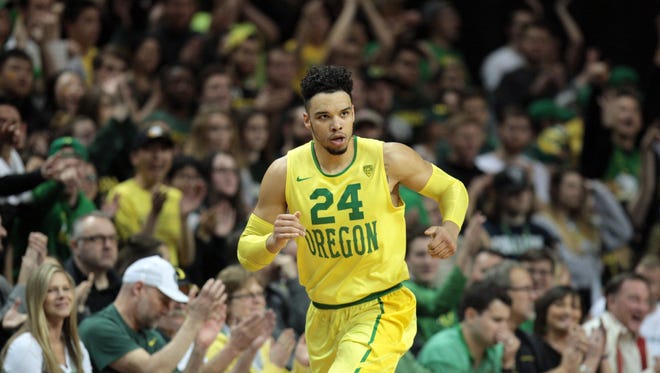 Jan 19, 2017; Eugene, OR, USA; Oregon Ducks forward Dillon Brooks (24) looks to the bench following a three point shot against the California Golden Bears at Matthew Knight Arena. Mandatory Credit: Scott Olmos-USA TODAY Sports