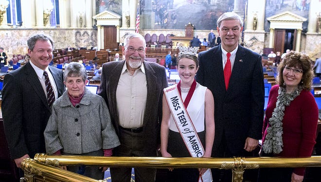 State Rep. Matt Baker, R-Wellsboro, recently presented a citation from the Pennsylvania House of Representatives to Alana Castle of Canton for being named Miss Teen America 2018. From left are Alana's father Jonathan Castle, her grandparents JanNeita and Dwayne Taylor, Alana, Baker, and Alana's mother Yonna Castle.