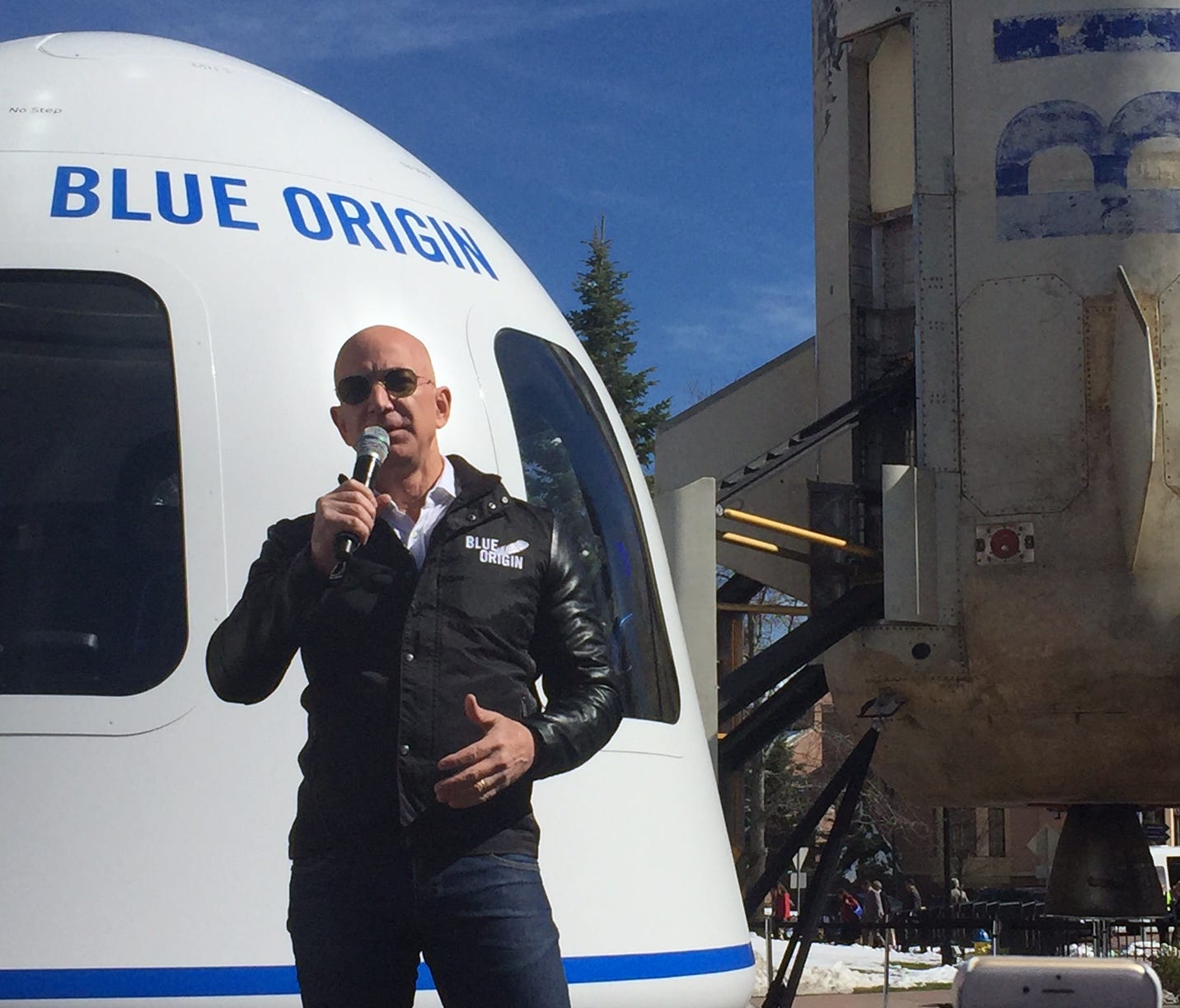 Amazon.com CEO and Blue Origin founder Jeff Bezos discussed his plans for flying people in space and lowering launch costs in a Wednesday appearance at the 33rd Space Symposium in Colorado Springs.