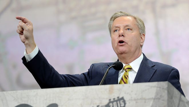 Sen. Lindsey Graham speaks at the NRA-ILA Leadership Forum during the NRA Convention at Music City Center in Nashville, Tenn., Friday, April 10, 2015.