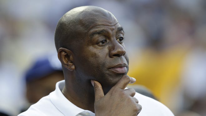 Magic Johnson at a Los Angeles Dodgers game.