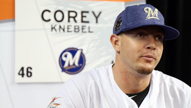 Brewers pitcher Corey Knebel talks to the media before the MLB All-Star Game in Miami.