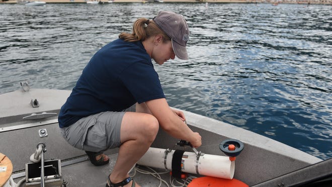 
Researcher Annie Caires with the UNR research faculty get ready to demonstrate how researchers take a water column sample using a van dorn water sampler at Lake Tahoe on Monday. 
