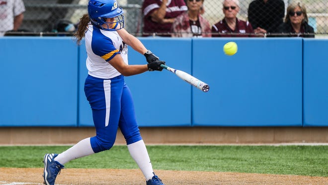 Angelo State's Courtney Barnhill hit a three-run home run Friday to rally the Rambelles to a 5-4 win over Texas A&M International.