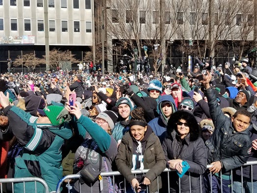 Happy fans at the Eagles Super Bowl parade in Philadelphia.