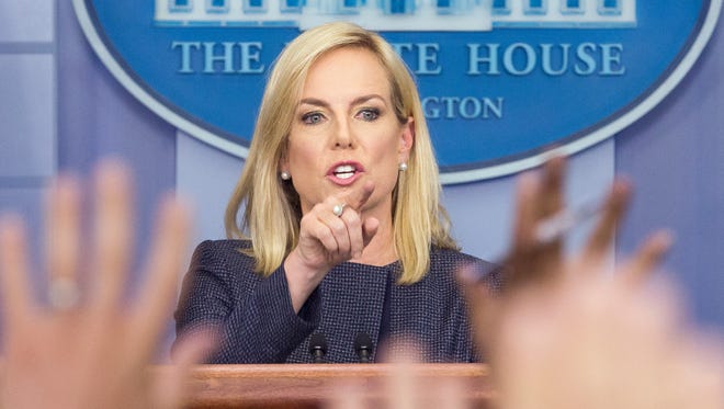Department of Homeland Security Secretary Kirstjen Nielsen participates in a news conference at the White House in which she faced questions on the Trump administration's "zero tolerance" immigration policy on June 18, 2018. 