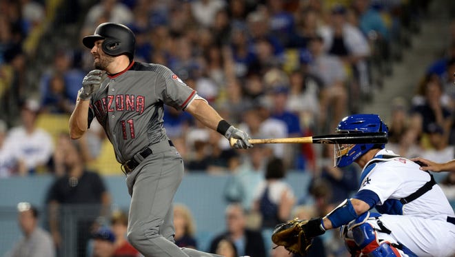 July 4, 2017: Arizona Diamondbacks center fielder A.J. Pollock (11) hits a ground rule doube in the eighth inning against the Los Angeles Dodgers at Dodger Stadium.