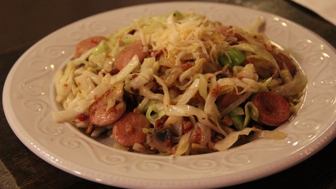 Bantry Secret, a vegetable medley of cabbage, mushroom, celery, bacon and Irish sausage, arrives topped with cheese.