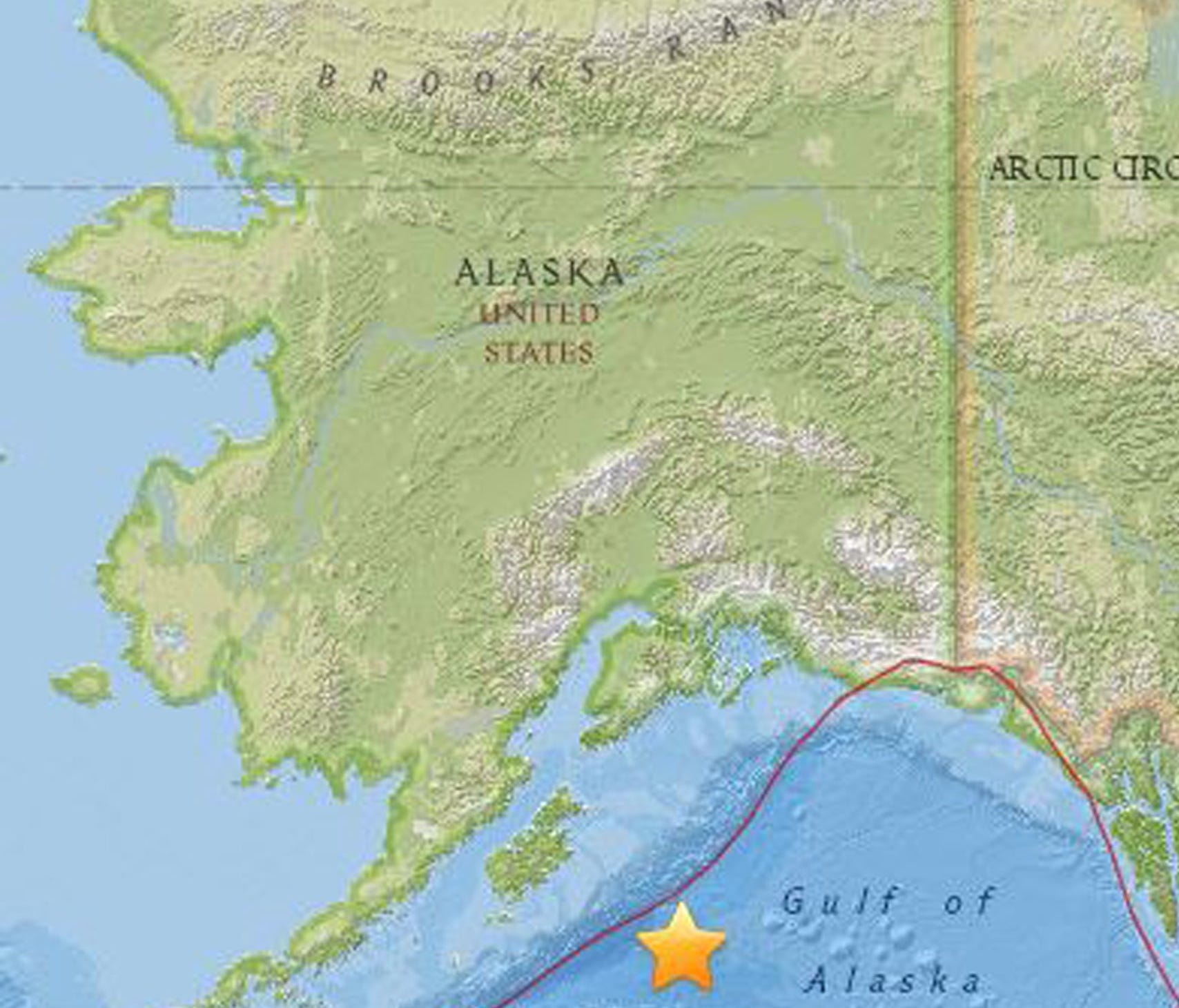 A handout map image made available by the United States Geological Survey shows the location of a magnitude 8.2 earthquake that occurred at a depth of 10 km at 09:31 GMT, 278 km off south east of the city of Kodiak, Alaska, USA, 23 January 2018. Ther