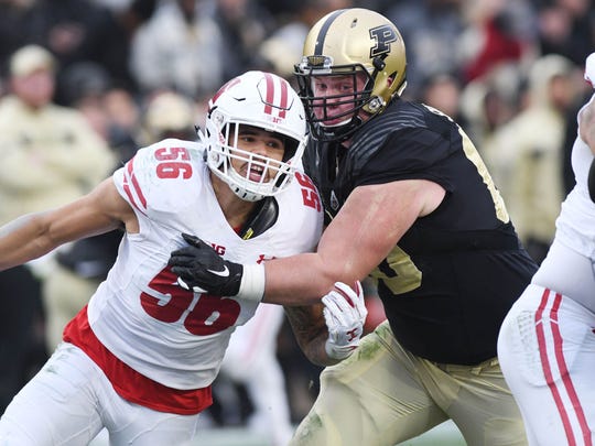 Nov 17, 2018; West Lafayette, IN, USA; Purdue tackle Eric Swingler (60) blocks against Wisconsin Badgers linebacker Zach Baun (56) in the first half at Ross-Ade Stadium. Mandatory Credit: Thomas J. Russo-USA TODAY Sports