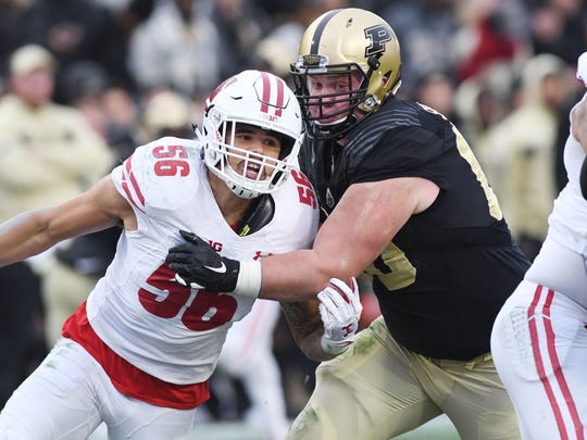 Nov 17, 2018; West Lafayette, IN, USA; Purdue  tackle Eric Swingler (60) blocks against Wisconsin Badgers linebacker Zach Baun (56) in the first half at Ross-Ade Stadium. Mandatory Credit: Thomas J. Russo-USA TODAY Sports