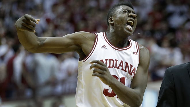 Indiana Hoosiers center Thomas Bryant (31) celebrates in the second half of their B1G men's basketball game Sunday, Mar 6, 2016, afternoon at Assembly Hall.
