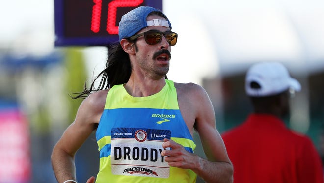 Noah Droddy runs in the Men's 10000 Meter Final during the 2016 U.S. Olympic Track & Field Team Trials at Hayward Field on July 1, 2016 in Eugene, Ore.