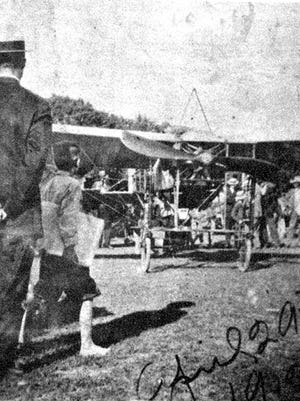 This photo was taken on Monday, April 29, 1912, when the first “flying machine” arrived in Opelousas. It was flown by Harold Kantner from Comeau Ball Park during the Aviation Show sponsored by the local Elks organization.