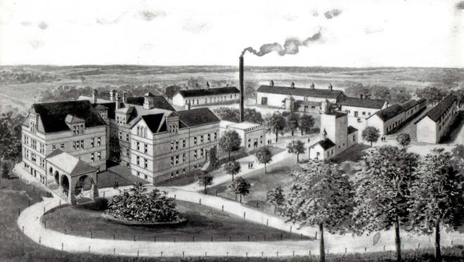 Line drawing of the Manitowoc County Hospital for the Insane, circa 1895.
