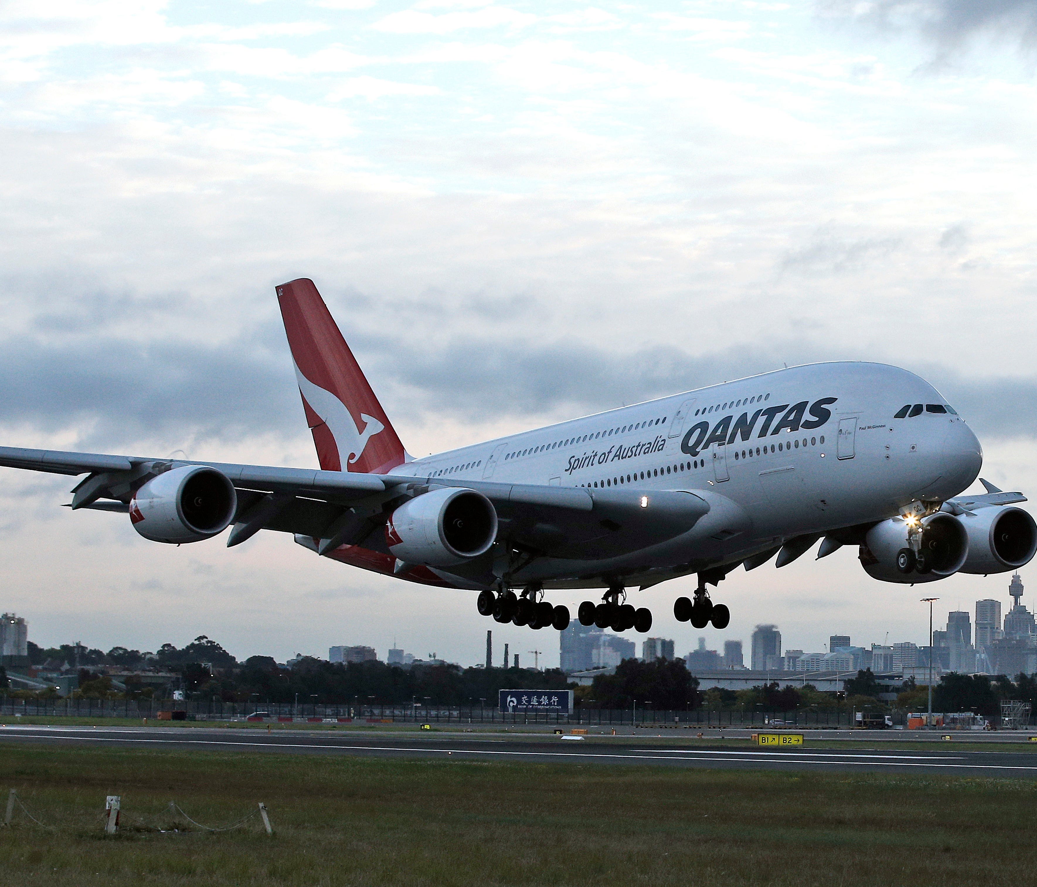 A Qantas A380 lands at Sydney International Airport on Sept. 13, 2016.