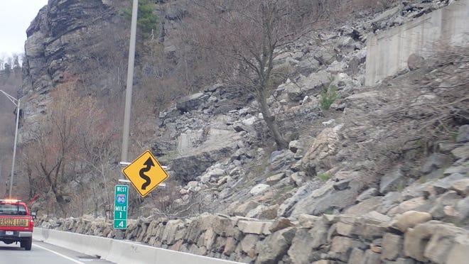 This file photo shows one area of the planned rockfall mitigation project proposed by New Jersey Department of Transportation. The plan would cut back the cliffs to about even with the concrete structures, but not widen Interstate 80 or address the S-curve.